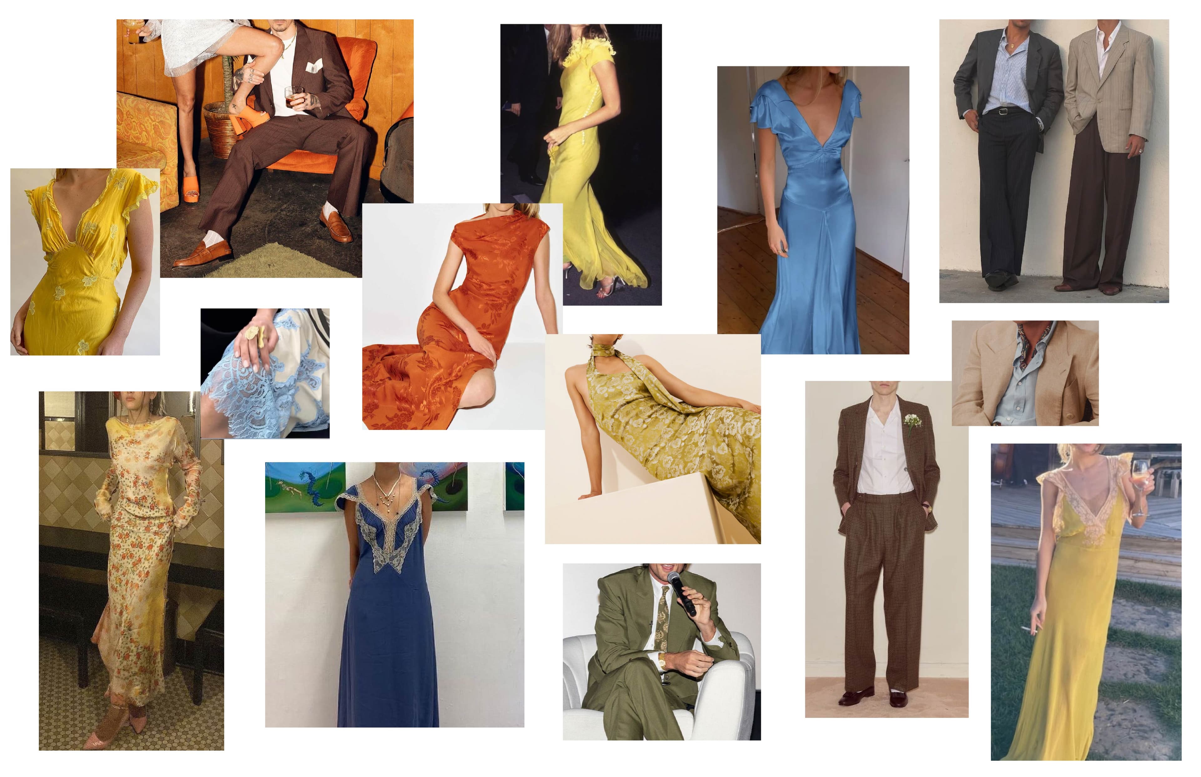 Dress code inspiration: warm jewel tones — golds, ochres, rust, and slate blue in flowing dresses and relaxed suiting